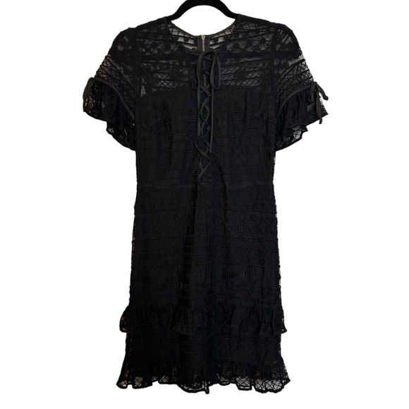 Parker Dresses & Skirts - Parker Short Sleeve Lace & Lace Up Front Tiered Ruffled Black Lined Midi Dress